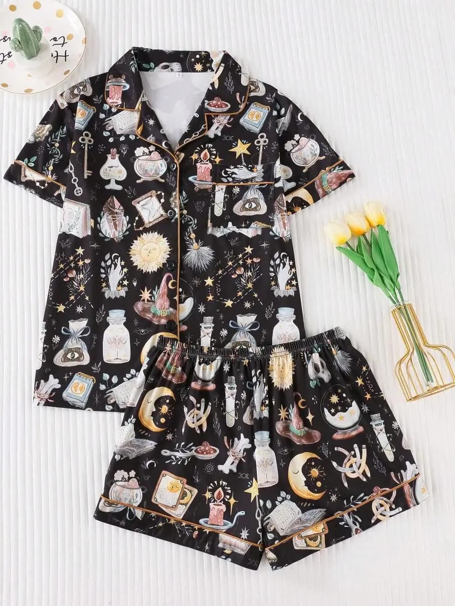2pcs Printed Short Sleeve Women Pajama Set With Button-Up Blouse And Shorts