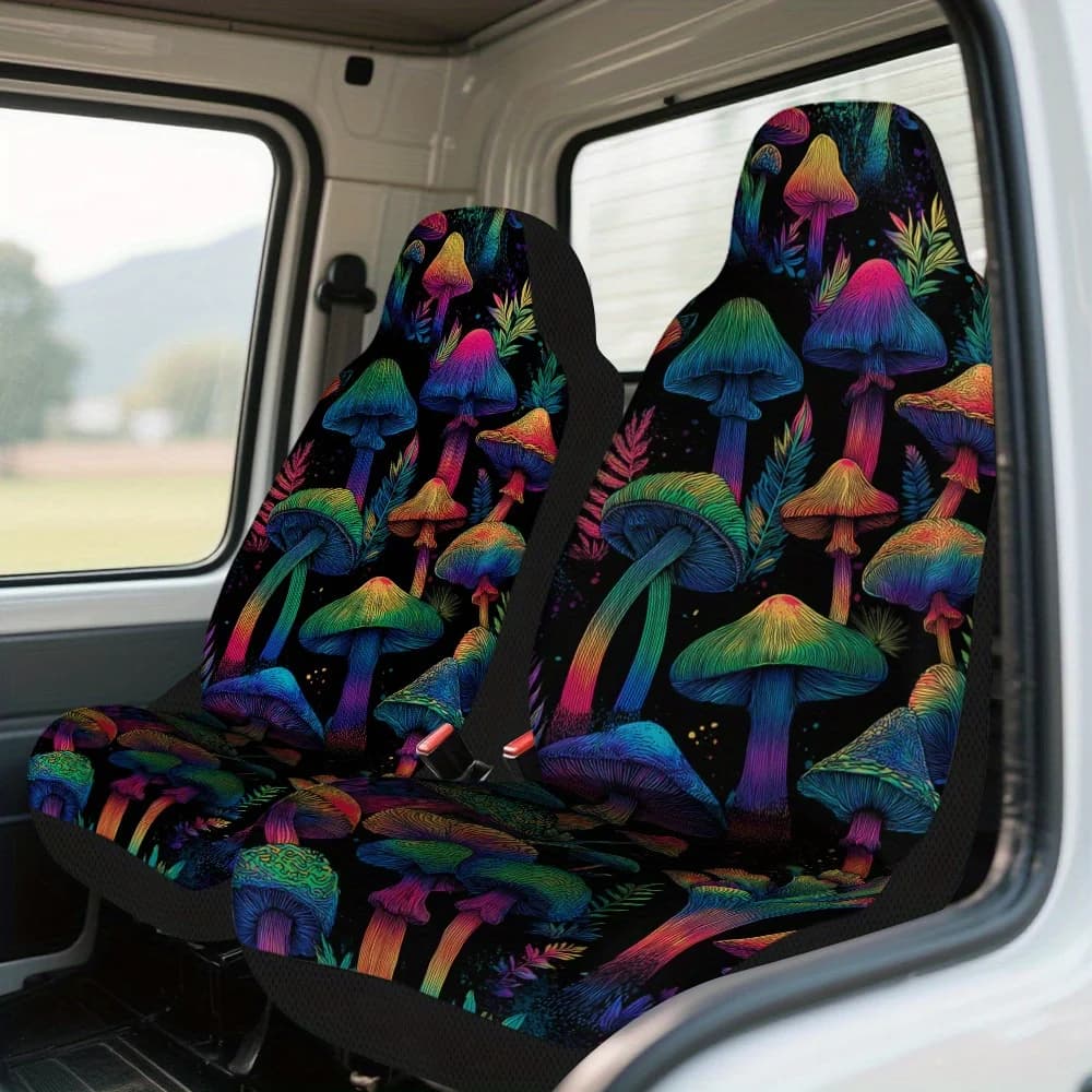 2pcs Vibrant Colorful Mushroom Design Car Seat Cover Set For Most Cars – Trendy, High-Quality, Durable Seat Protectors, Fit, E