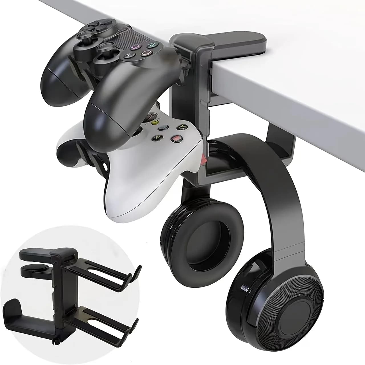 Supporto per cuffie e controller 3 in 1 con morsetto regolabile, braccio rotante e gestione dei cavi. Supporto per cuffie e controller da gioco