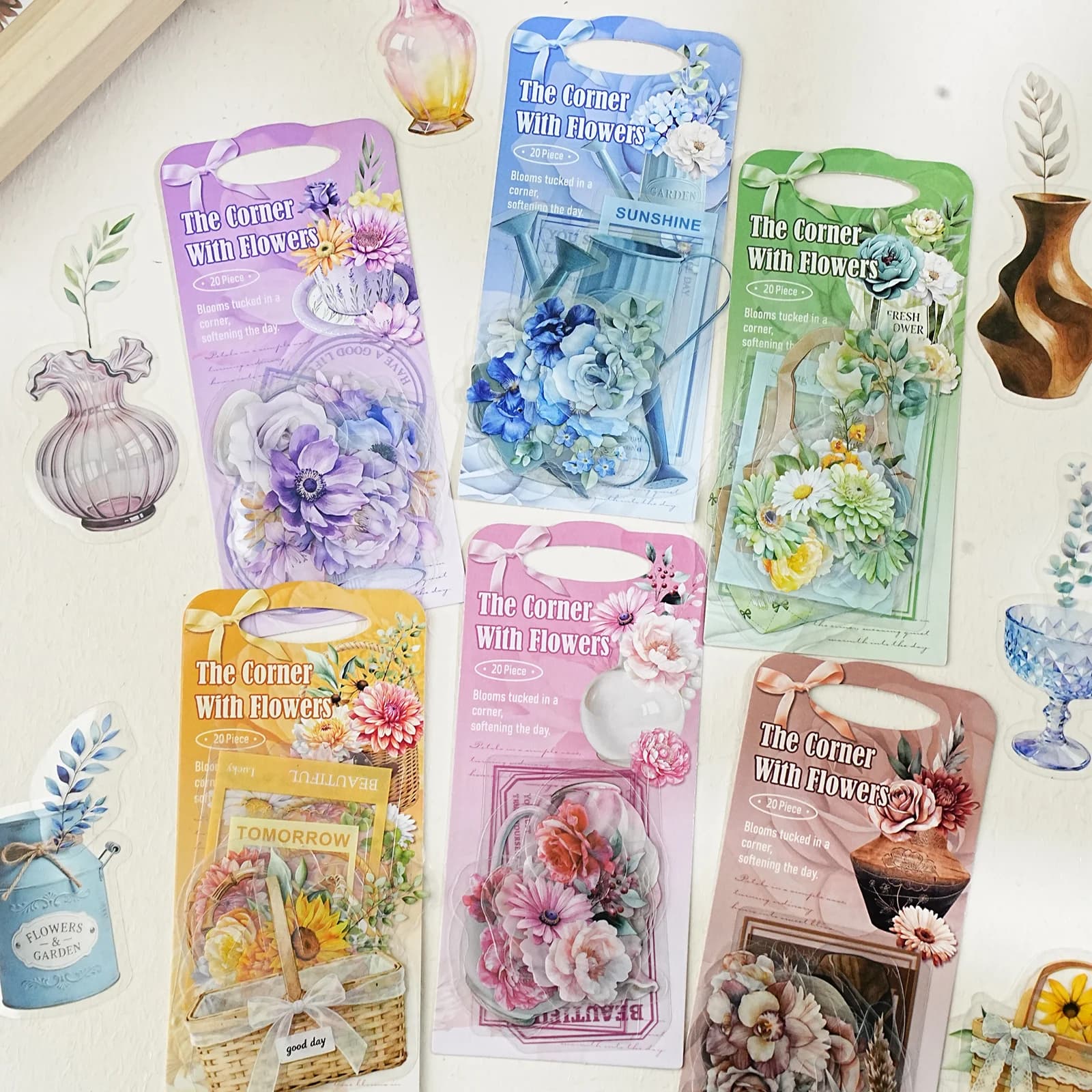 Etori Life Flower Corner Set Watercolor Floral Design with Vintage Classic Container Patterns Pet Sticker Pack for Notebooks, Phone Stickers, Luggage, Scrapbooking Supplies, DIY Crafts, Office Decoration Accessories, Room Decor, Card Making, Baking, Vintage Parties, Children's Stickers, Stickers That Are Not Easily Damaged by Water