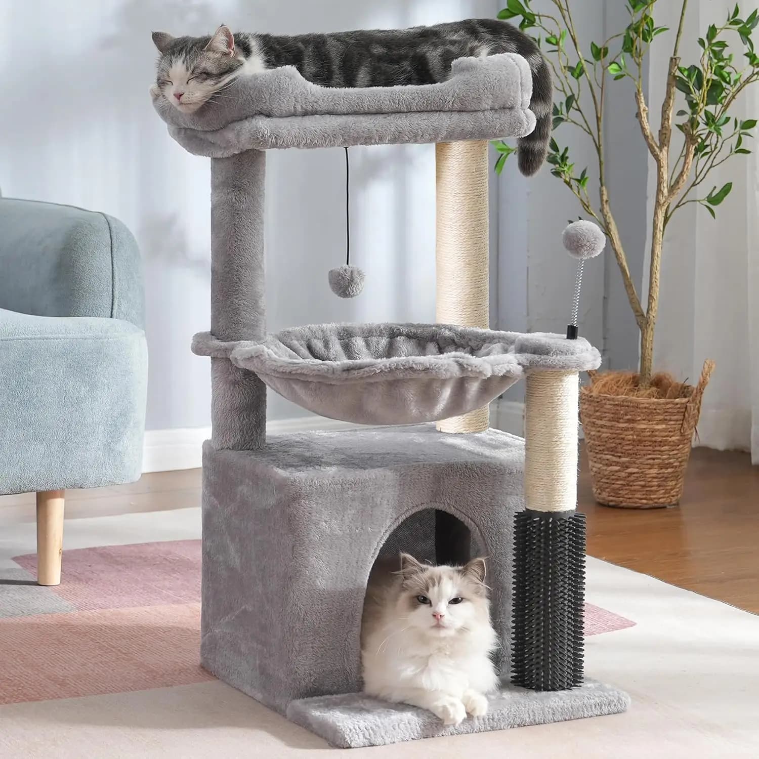 Tiragraffi per Gatti da 32 Pollici, Piccolo Tiragraffi con Grande Amaca Diametro 15,7”, Auto-Pulente, Completamente Funzionale