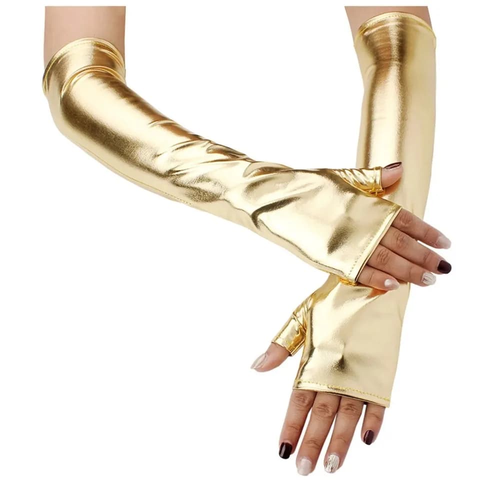 Guanti in Finta Pelle Metallizzata per Cosplay, Oro e Argento, Lunghezza al Gomito, Guanti in Lattice per Feste Serali