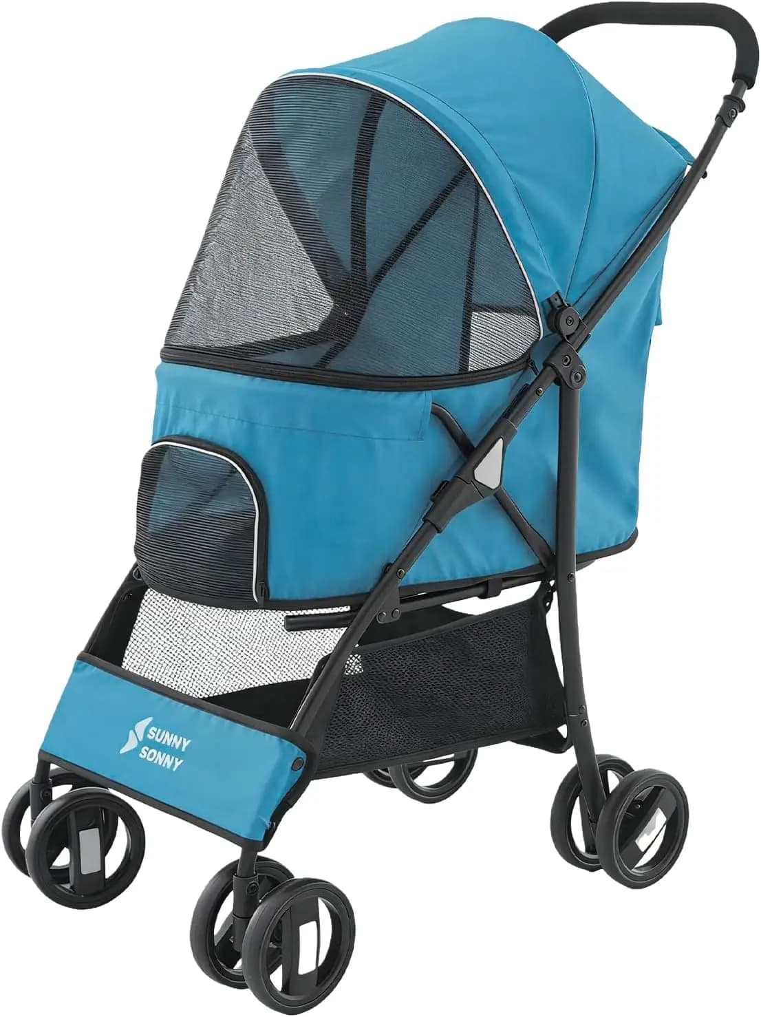 4-Wheel Pet Stroller, Easy Fold Dog Cat Jogger with Weather Cover, Storage Basket, Visible Mesh for Small/Medium Pets Up to 33lbs (Blue)