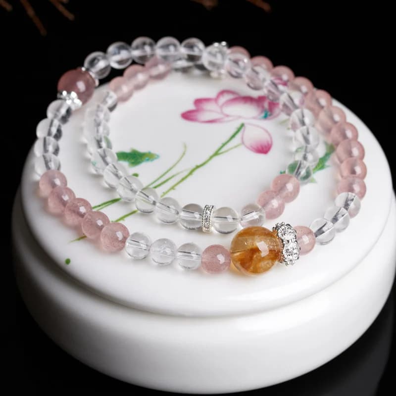 Bracciale da donna piccolo rosa pesca alla moda a doppio cerchio bianco fragola naturale