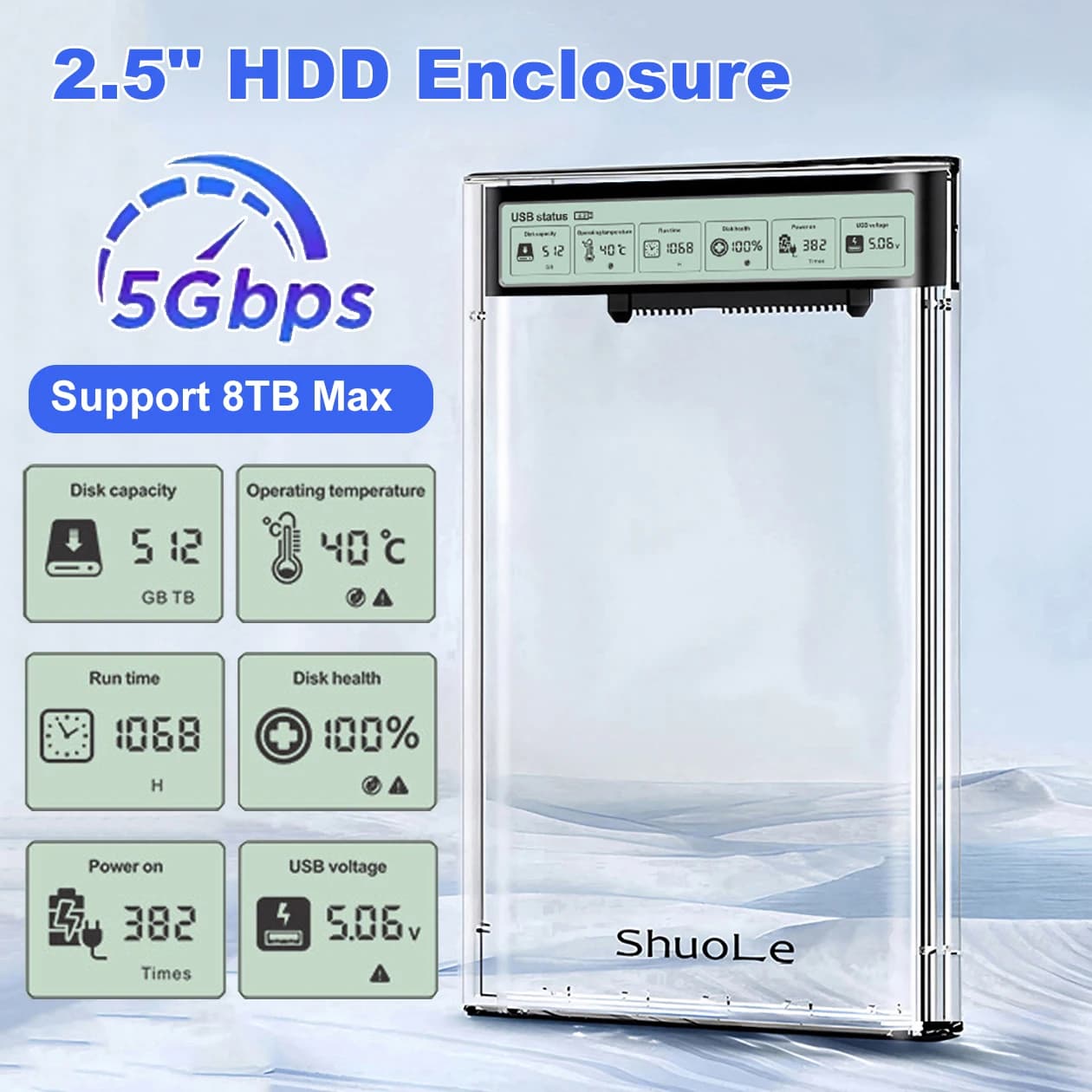 Custodia per HDD con display intelligente Custodia per HDD trasparente da 2,5 pollici USB3.2 Gen2 Custodia per HDD esterna SATA HDD SSD Custodia per PC portatile