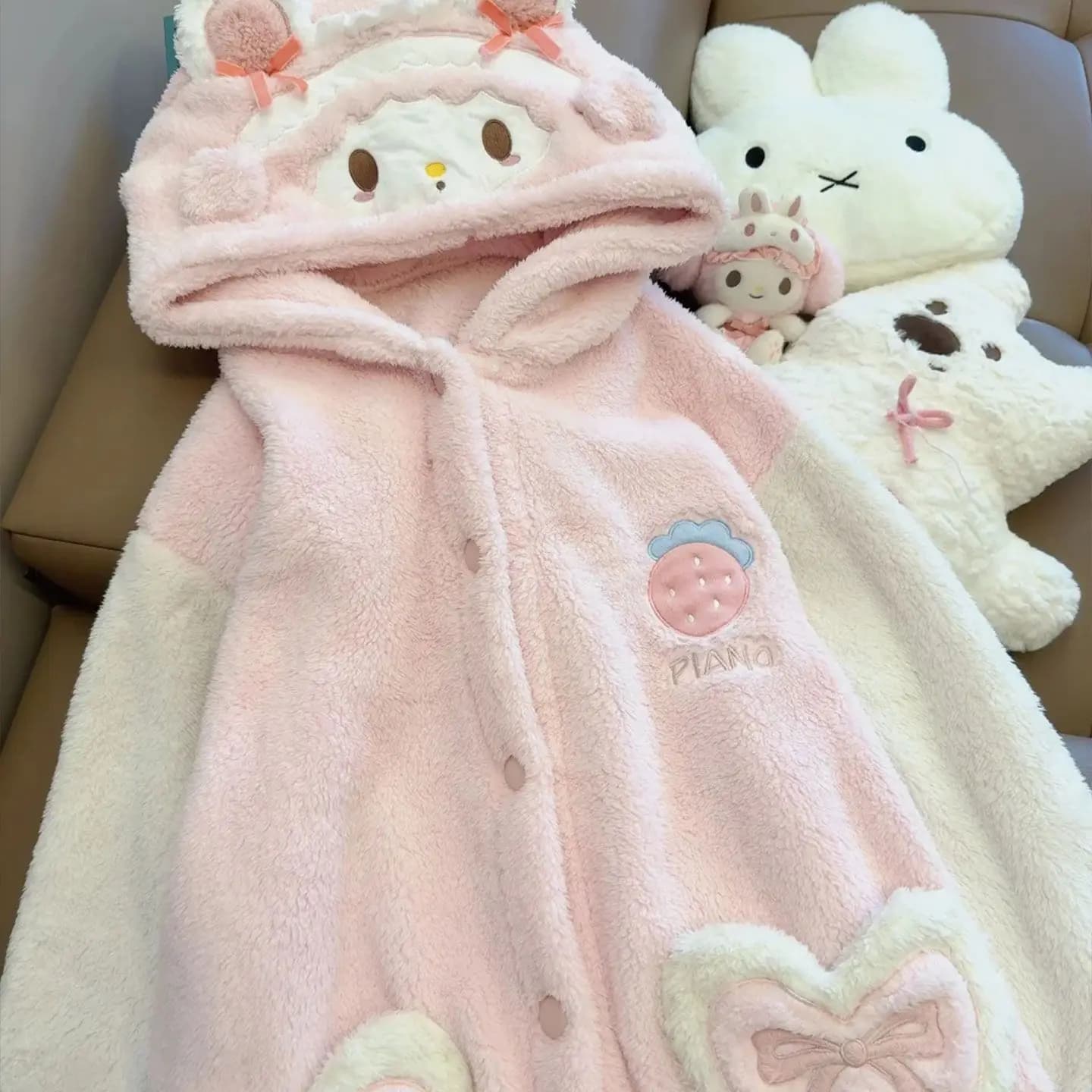 Anime My Melody Winter Girls' Hooded Pajamas Thick and Velvet Cartoon Cute, Sweet, Loose, Comfortable Sleepwear Home Clothes