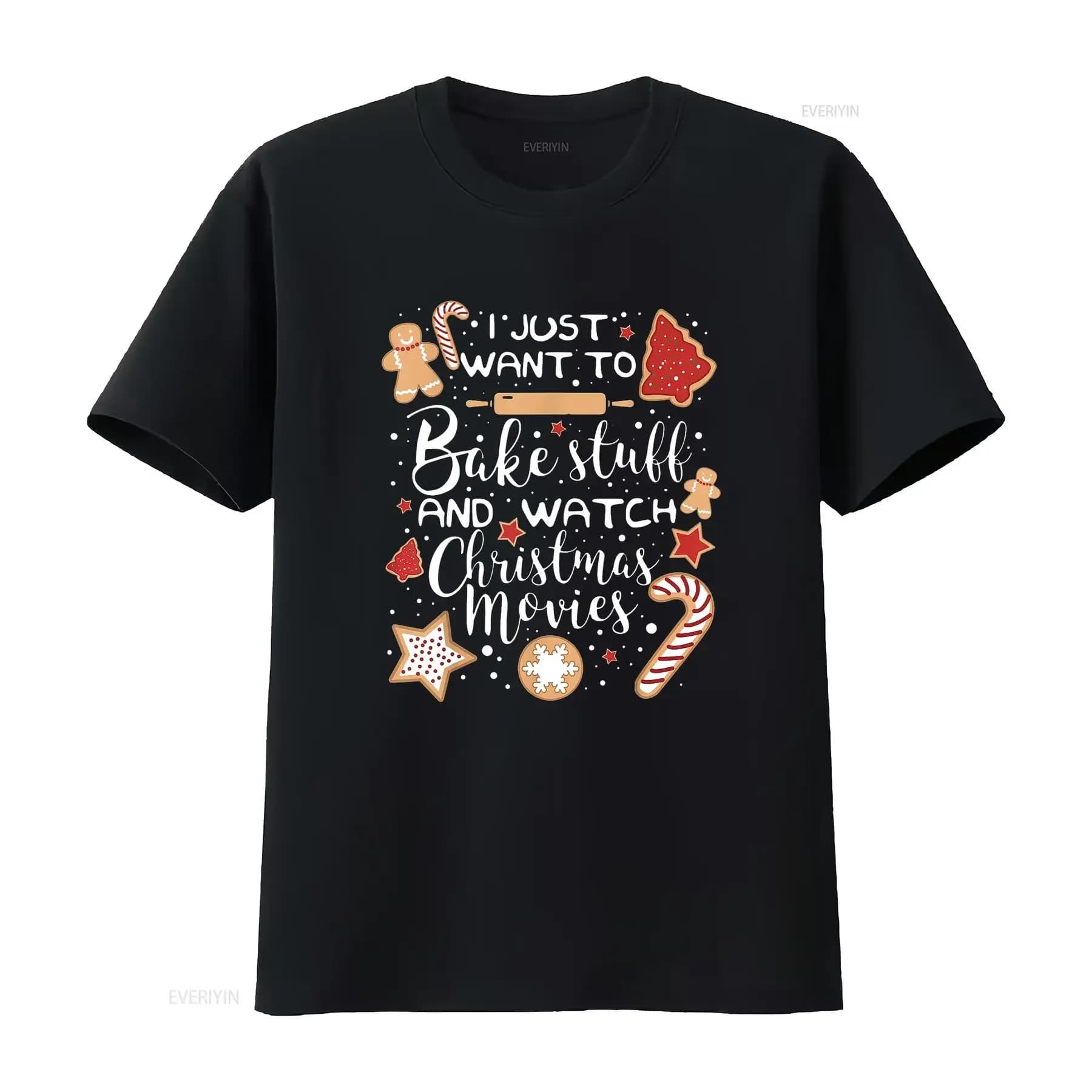 Voglio solo cuocere e guardare film natalizi T-shirt vintage lavato Comodo top unisex da indossare tutti i giorni Casual allungato