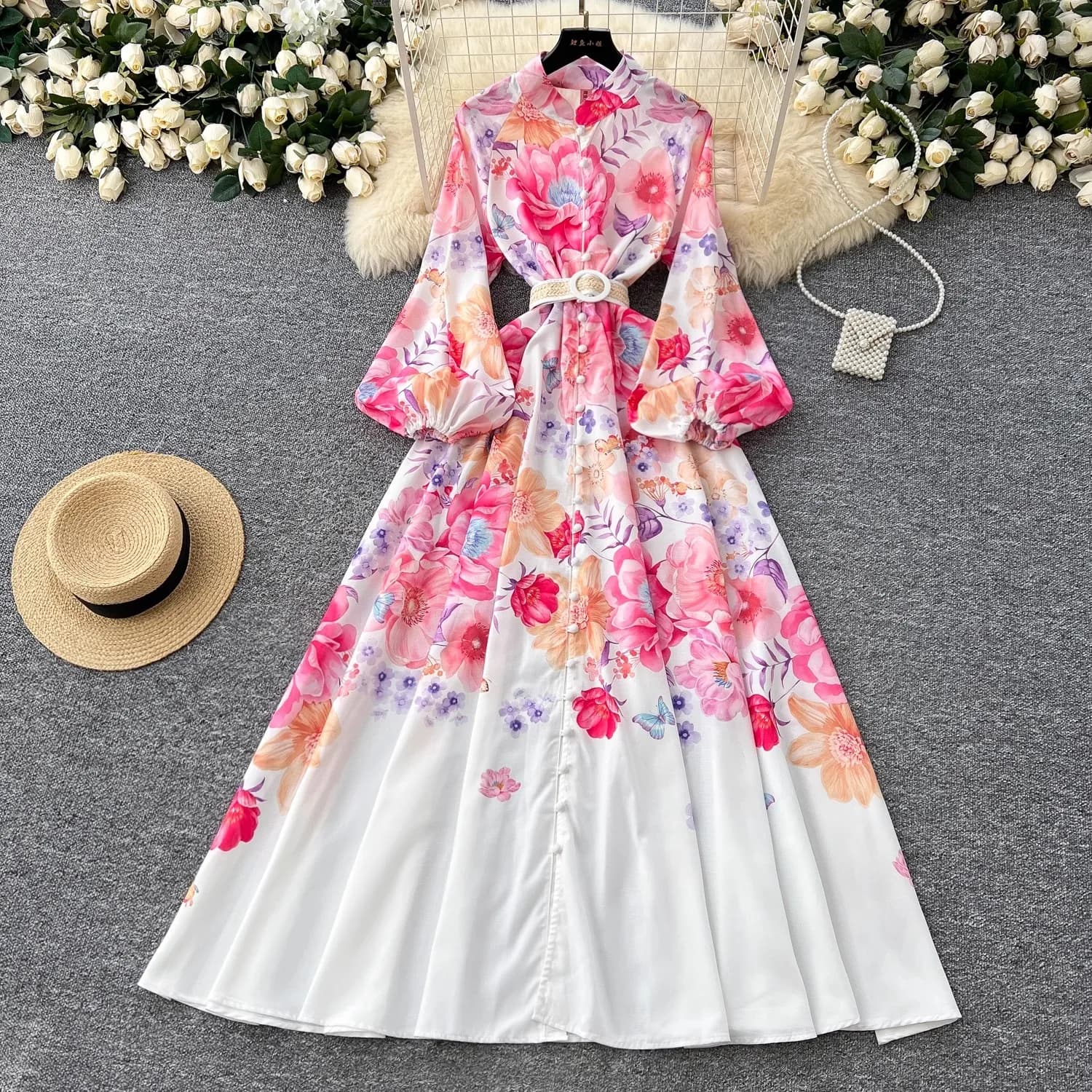 Elegant Holiday Gorgeous Print Flower Dress Women Stand Collar Long Lantern Sleeve Linen Belt Single-Breasted Maxi Robe Clothes