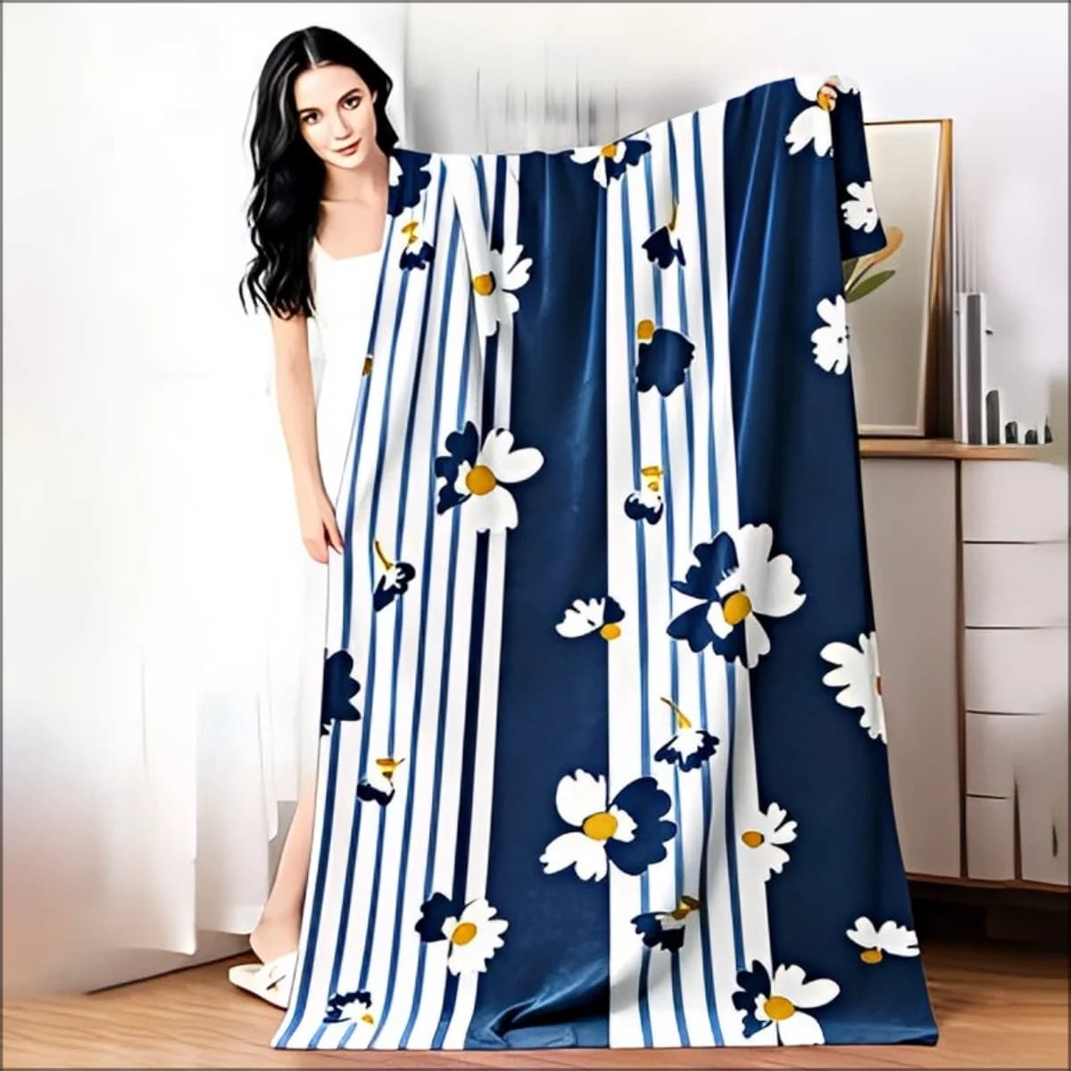 Fodera per cuscino decorativa a doppio lato blu navy con margherite bianche, stampa floreale a righe, per divano, soggiorno, decorazioni boho per la casa