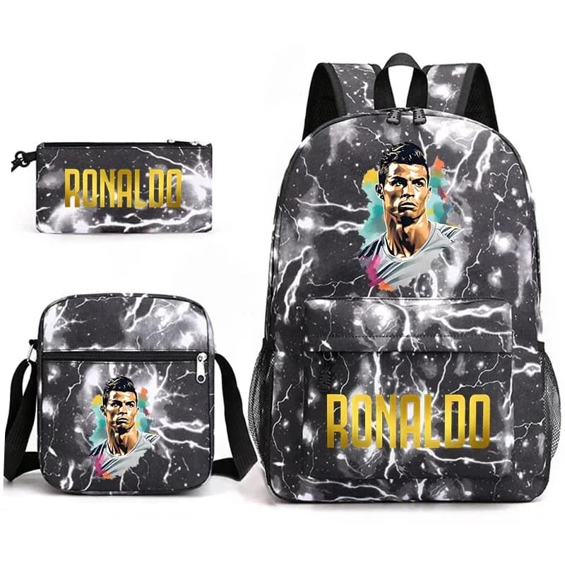 Zaino per studenti con stampa CyRonaldo, set da 3 pezzi, zaino per giovani, astuccio, borsa a tracolla