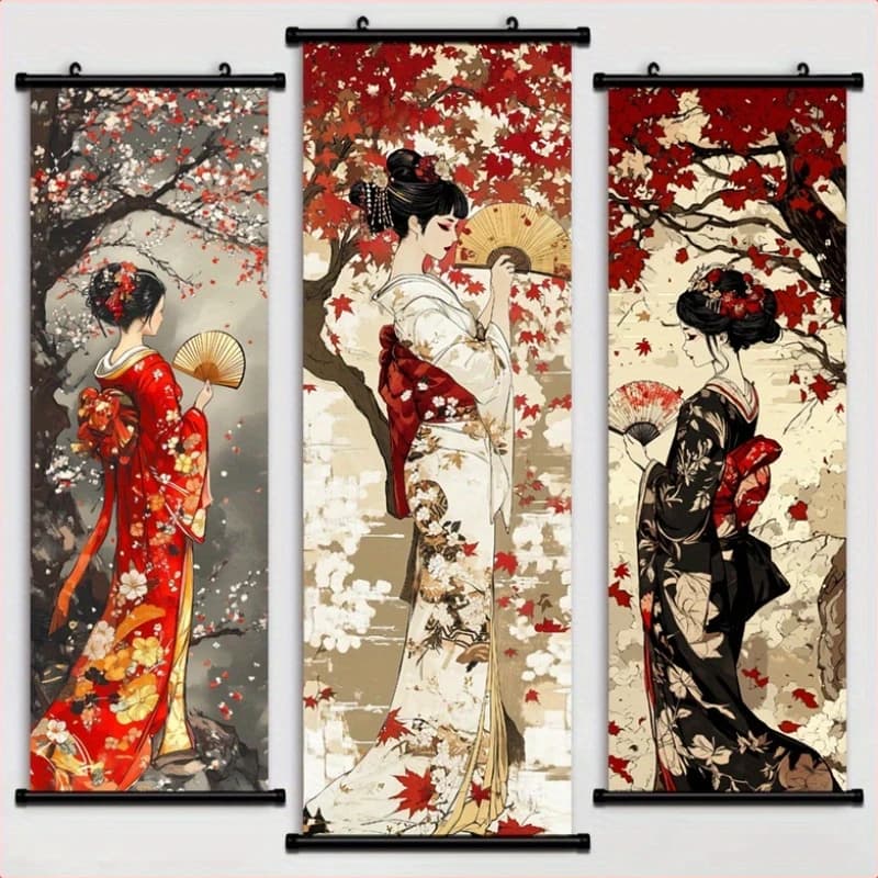 VIKAM Ukiyo-e Geisha Triptych Scroll Tapestry, Vintage Japanese-Style Wall Art, Long Vertical Fabric Wall Hanging, Wall Decor