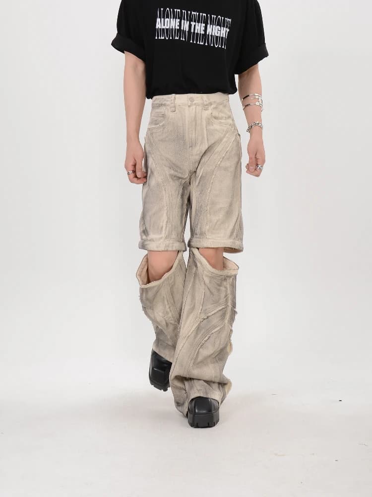 Decostruzione di nicchia Designer Design Jeans indossati con lavaggio sporco Pantaloni larghi larghi rimovibili da uomo