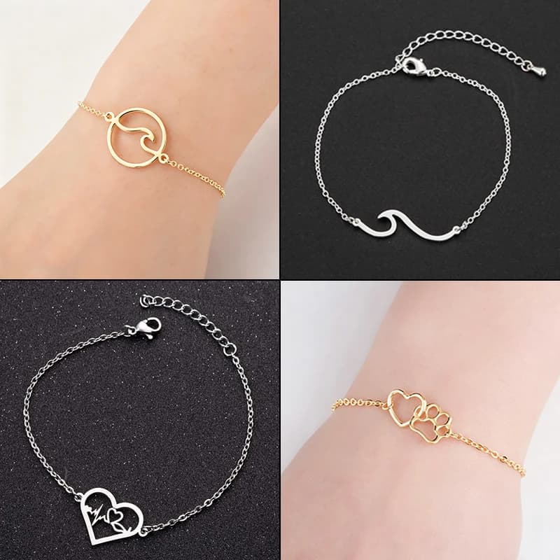 Braccialetto Bohemien in Acciaio Inossidabile con Ciondoli a Onda, Cuore e Zampa, Gioielli da Polso per Ragazze, Braccialetti Estivi per Vacanze, Regali e Accessori