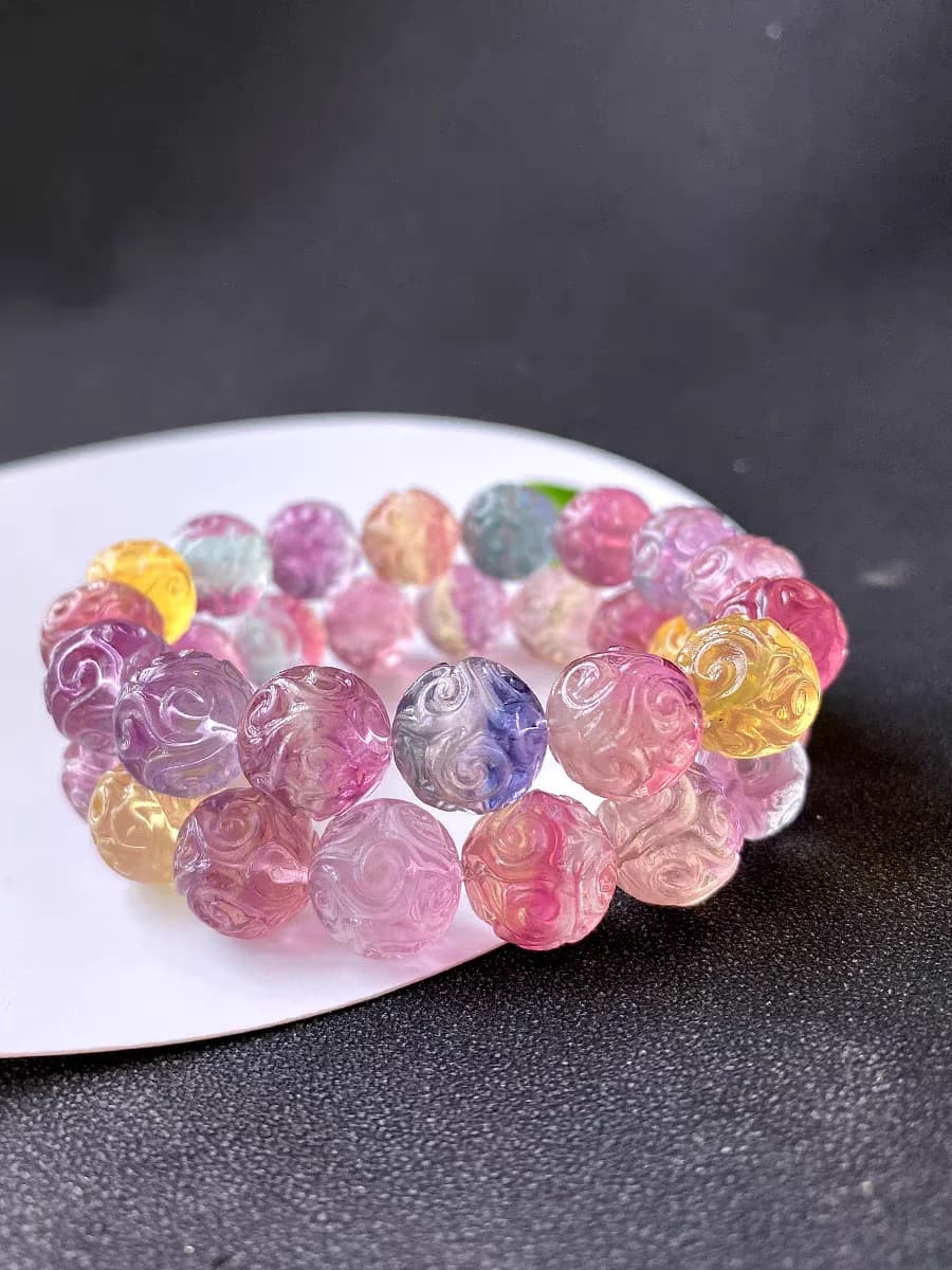 Bracciale con perle di fluorite naturale viola-rossa da 12 mm, bracciale in fluorite color caramella con incisione a cuore, AAAAA