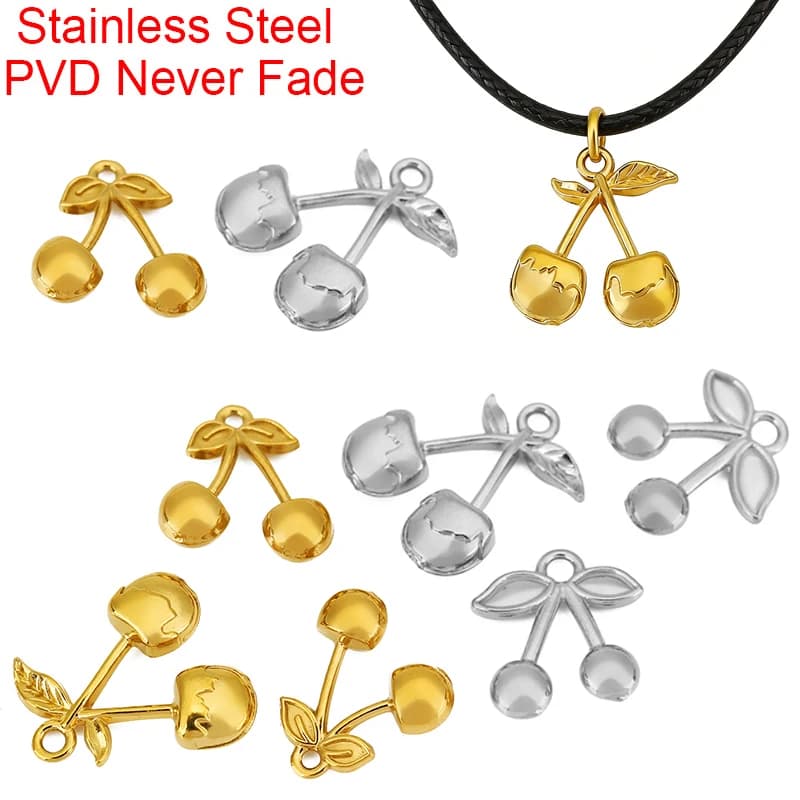 Set di 5 Ciondoli in Acciaio Inox PVD per Collane, Charms a Forma di Ciliegia Resistenti allo Sbiadimento per Creazione di Gioielli Fai-da-Te, Bracciali e Orecchini
