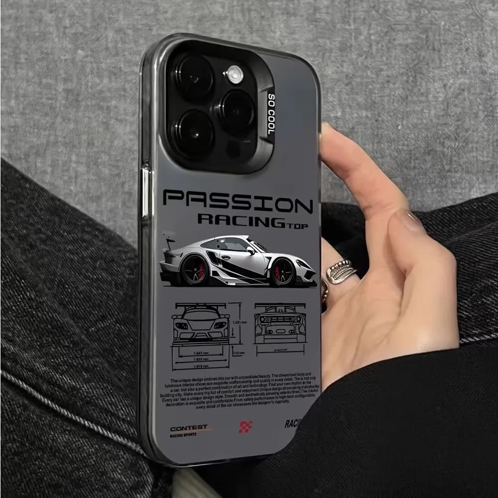 Cover IMD Argento con Linee Stile Racing per iPhone 17 16 15 14 13 12 11 Pro Xs Max Mini 8 7 Plus X XR Air 16e 17e