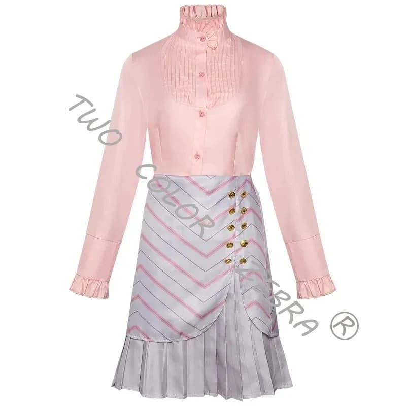 Costume Cosplay Completo Glinda di Wicked a Righe Rosa con Cappotto e Gonna per Halloween e Spettacoli Teatrali.