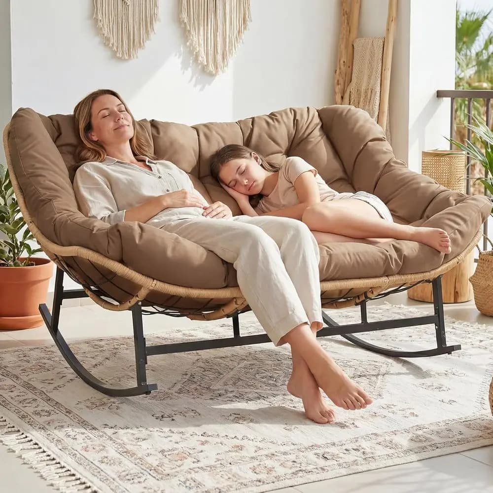 Double rocking chairs, oversized egg rocking chairs, two-seater sofa with pillow, comfortable outdoor furniture for patio