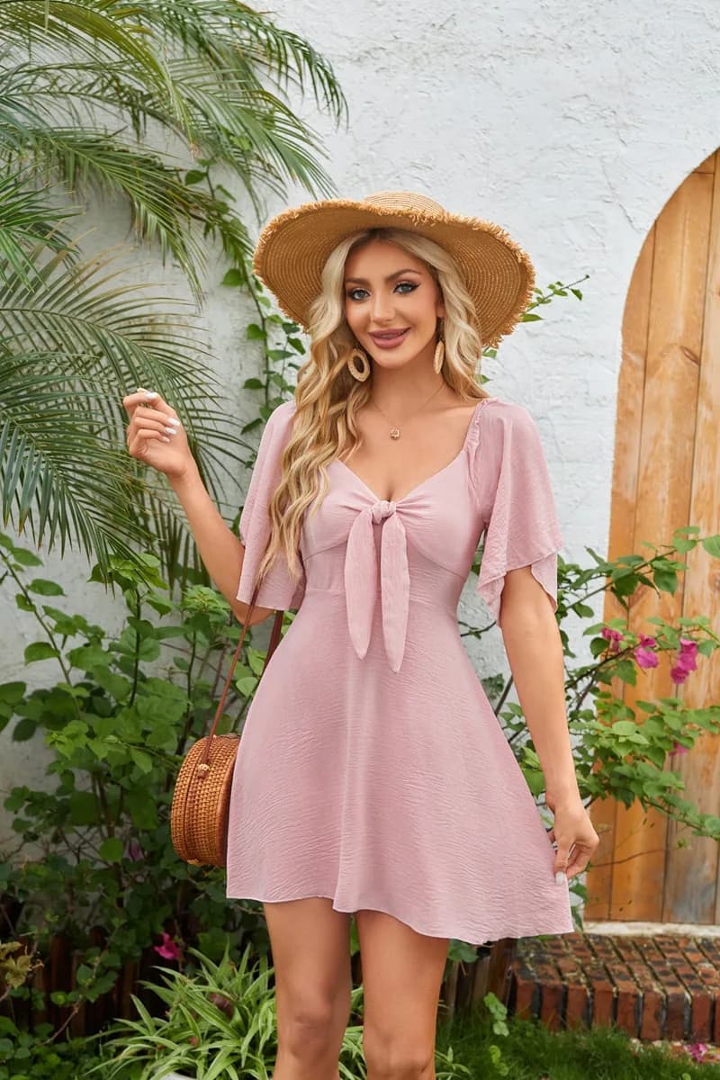 Abito da donna elegante alla moda Dolce scollo a V Papillon svasato a maniche corte Mini abito casual a trapezio Abiti da festa sexy da donna estivi