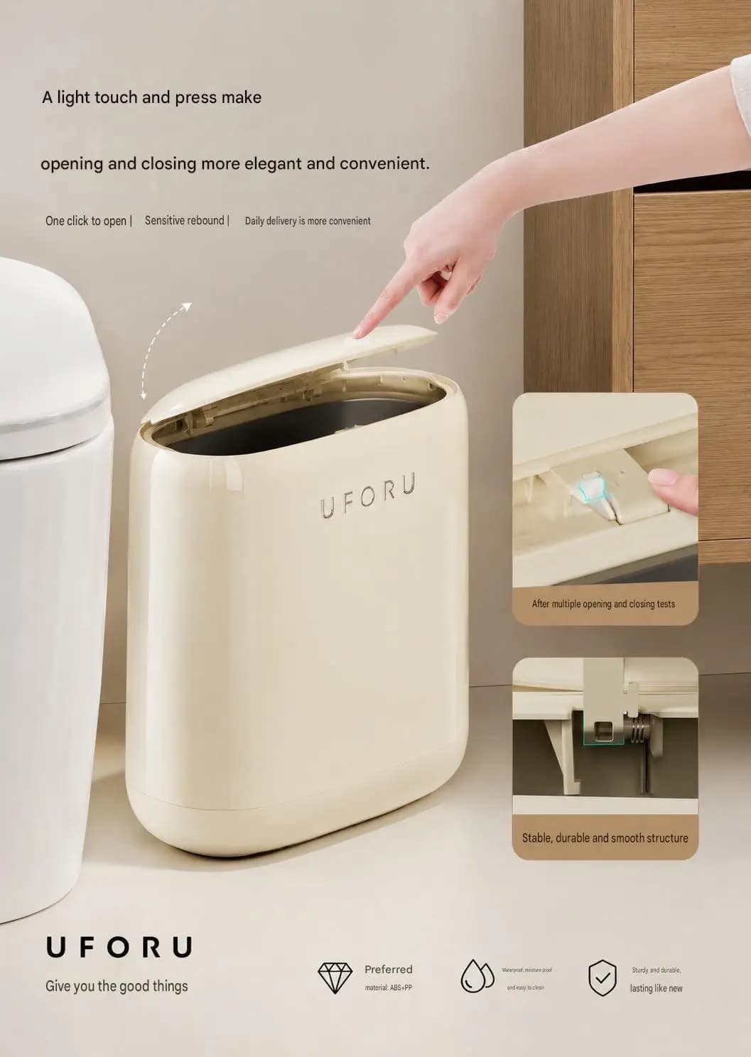 Large, high-capacity trash can for home use, bathroom, toilet, and toilet use. Features a push-open lid and narrow opening.