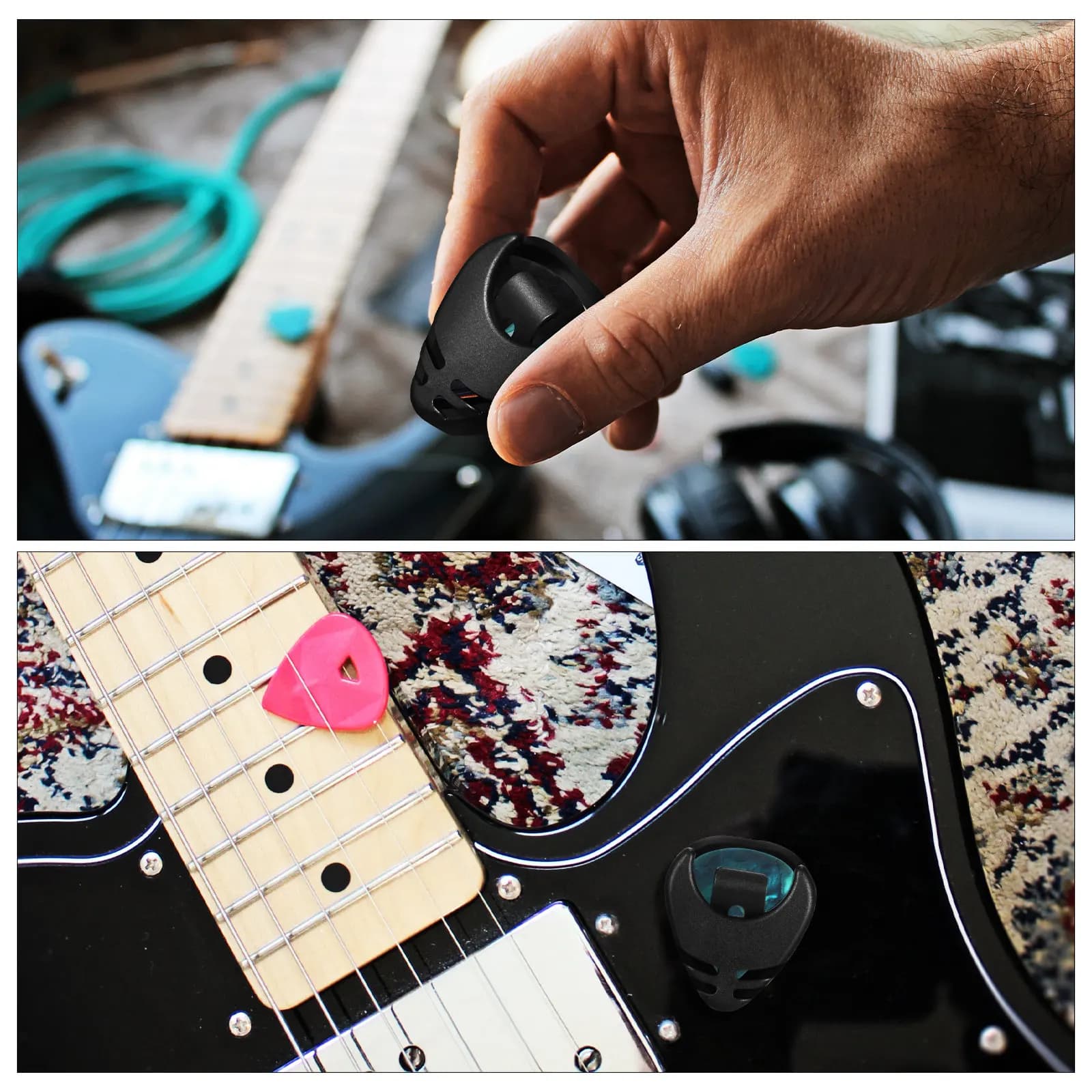 Black Guitar Pick Holder Adhesive Backing Spring Loaded Pick Organizer Compact Lightweight Holds 4 Picks Guitar Picks Storage