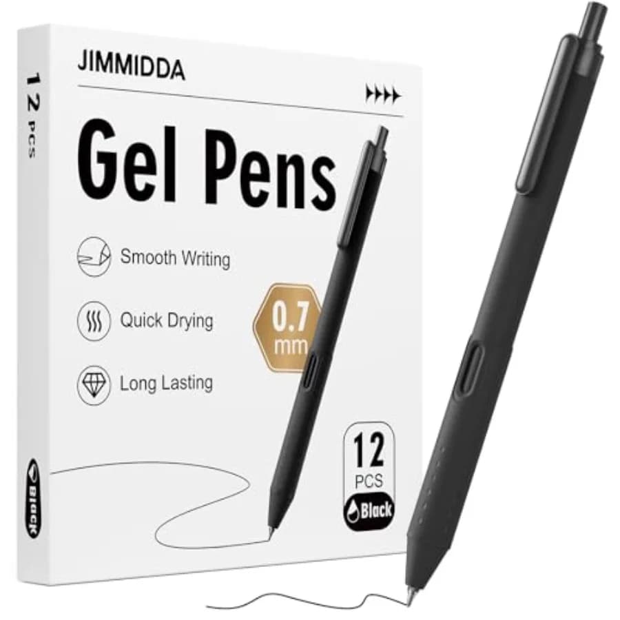 Gel Pens 0.7mm - 12 Pack Smooth Quick-Drying Retractable Black Ink for Journaling