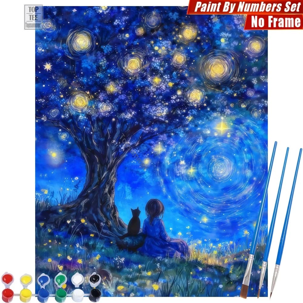 Set Pittura con Numeri Fai da Te Ragazza Gatto Notte - Decorazione Murale Casa Ragazza Gatto Albero Regalo per la Festa degli Insegnanti