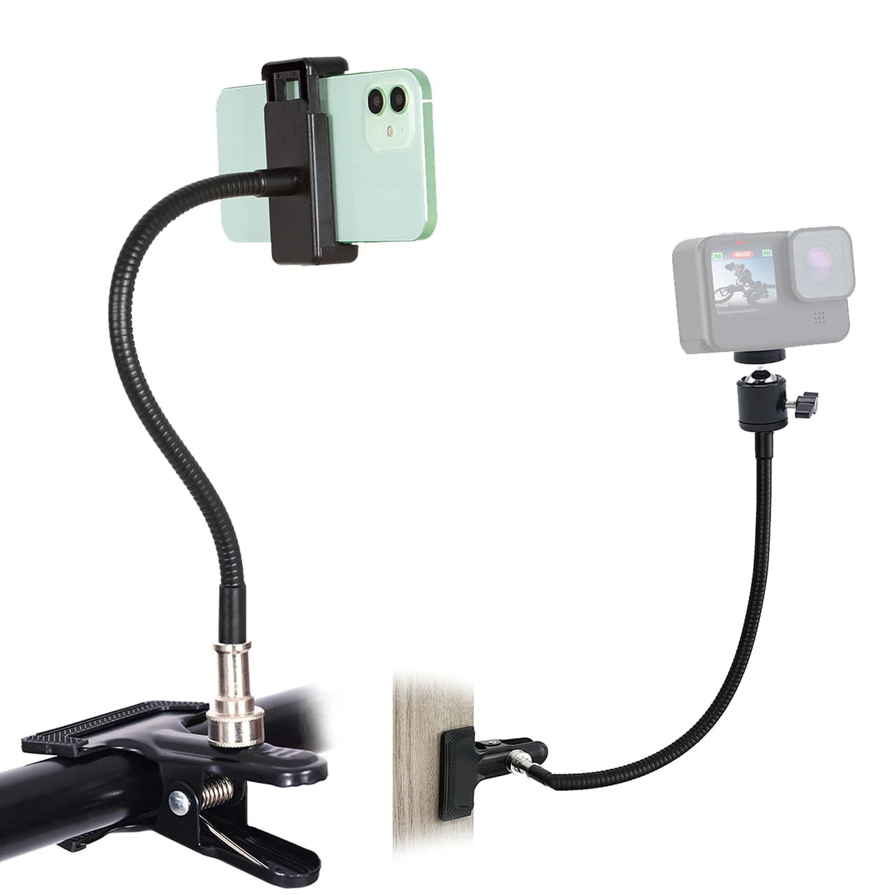 Braccio monopiede flessibile con supporto per montaggio a morsetto con testa a sfera tubo a collo d'oca Selfie Stick stand treppiede per telefoni con fotocamere Gopro Hero