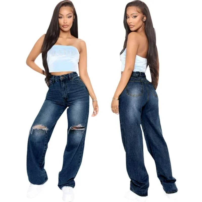Pantaloni in denim da donna Jeans lunghi con foro Pantaloni dritti a vita alta Pantaloni casual con cerniera per bottoni Pantaloni da lavaggio Solid Streetwear Splice