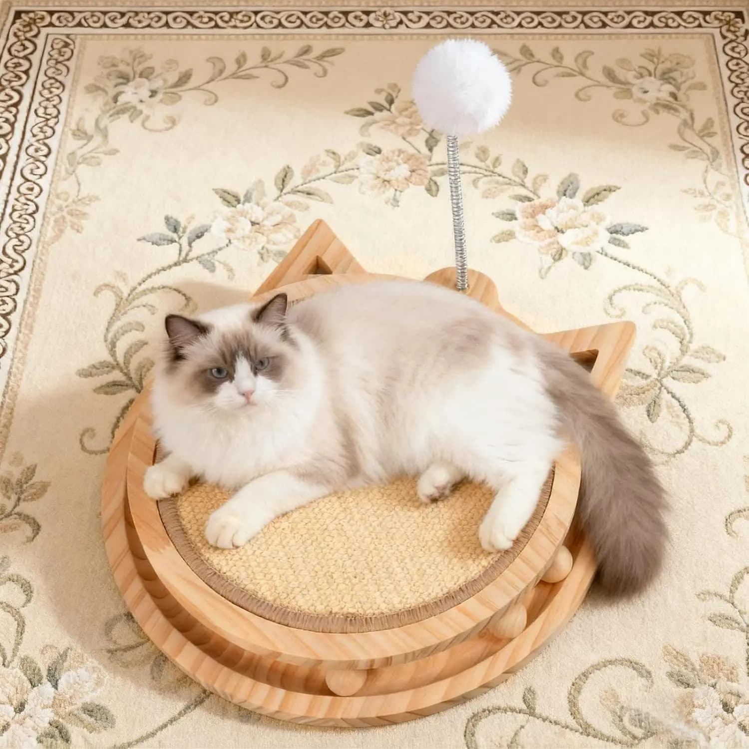 Tiragraffi per Gatti in Sisal con Pista per Palline e Giocattolo a Molla 3 in 1, Giocattoli Interattivi in Legno per Gatti Domestici