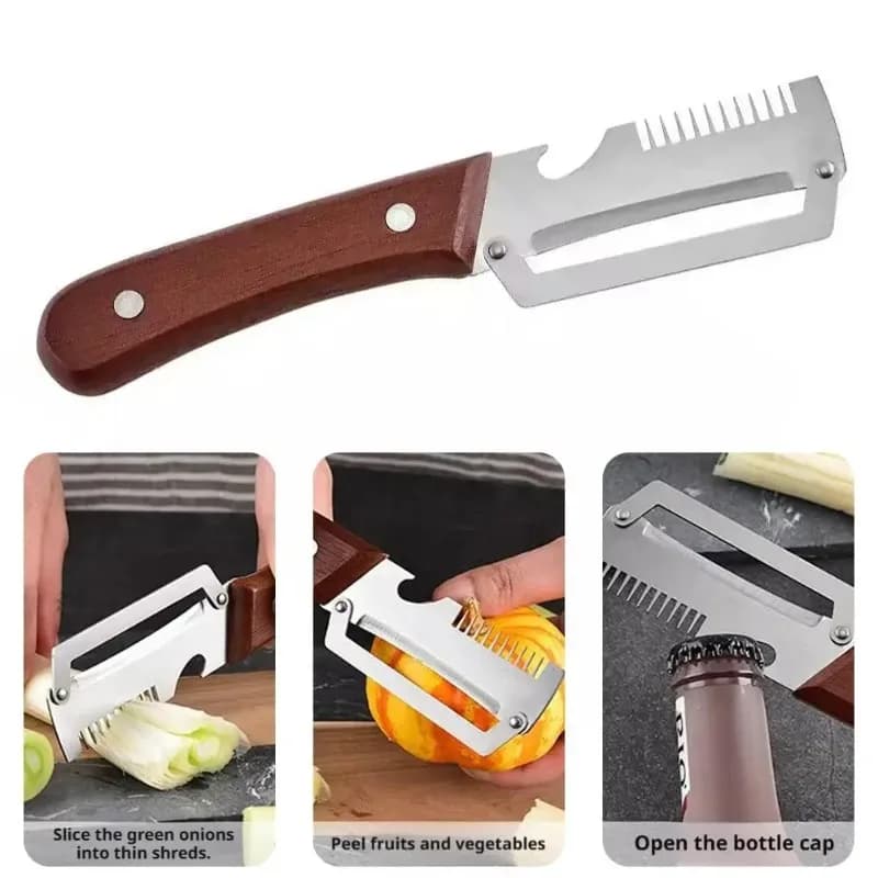 Coltello Pelapatate Dentellato 2-in-1 Premium con Manico in Legno e Apribottiglie, Utensile da Cucina Pratico 2026