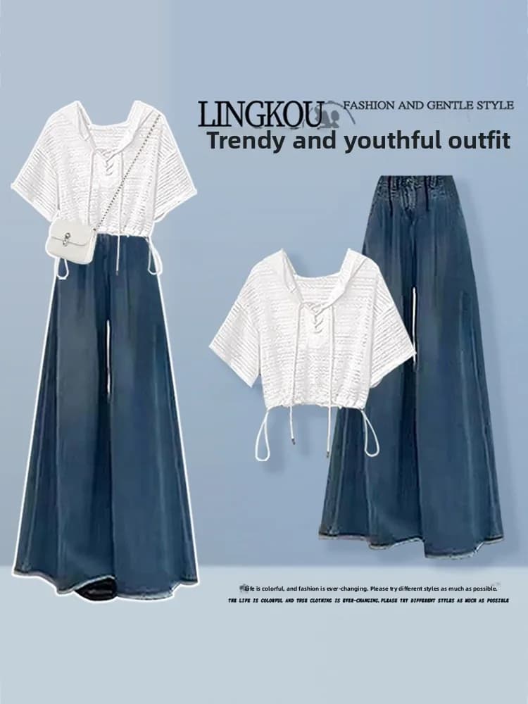 Summer Large Size Salt Series Hat to Clothing Anti Aging Hollow out Sun Protection Top High Waist Slim Wide Leg Jeans Two Pie...