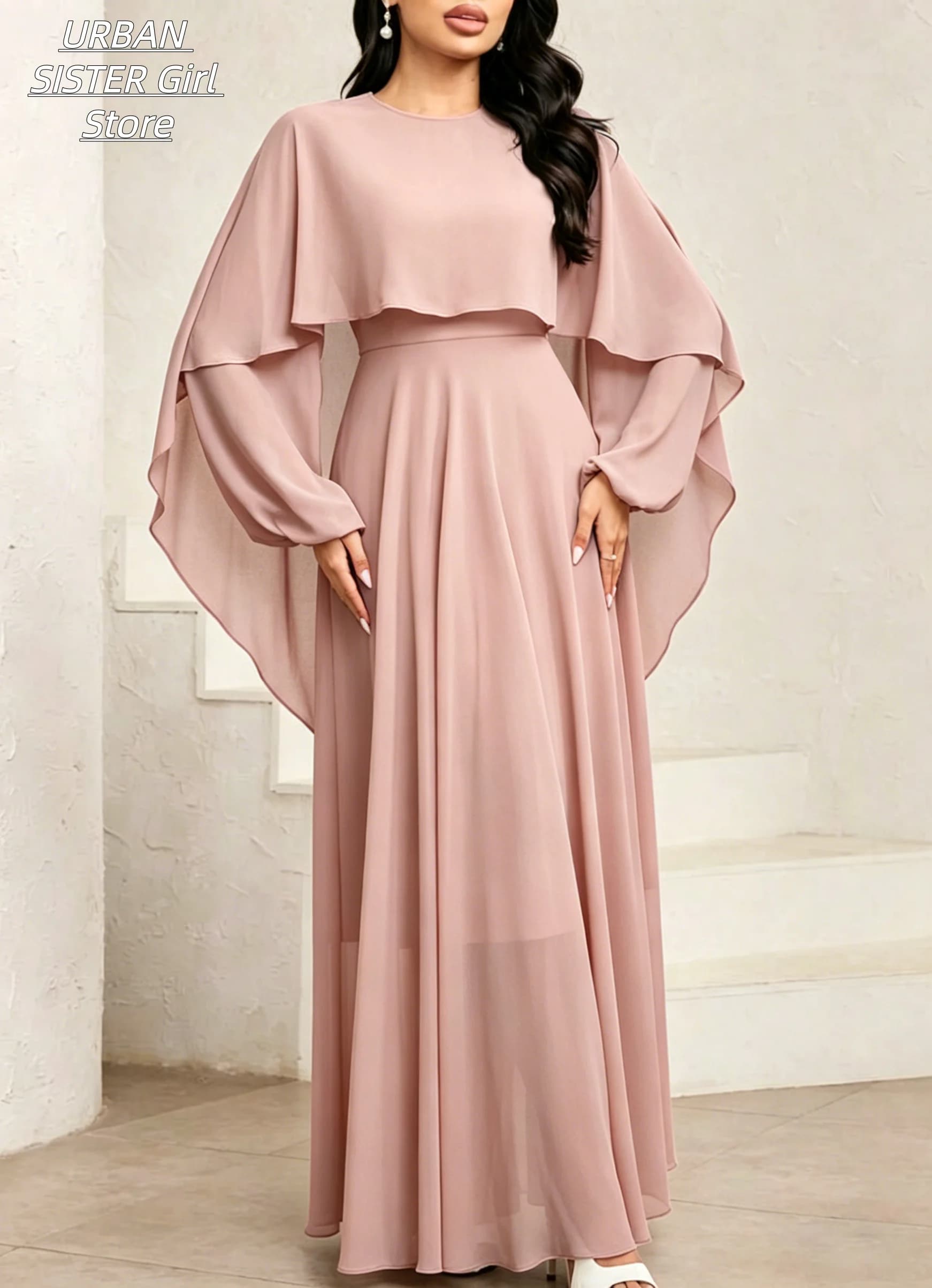 Nude Pink Round-Neck Cape Shawl Puff Long-Sleeve High-Waist Flowing Chiffon Long Dress, Elegant and Figure-Flattering Wedding Bridesmaid Banquet Gown