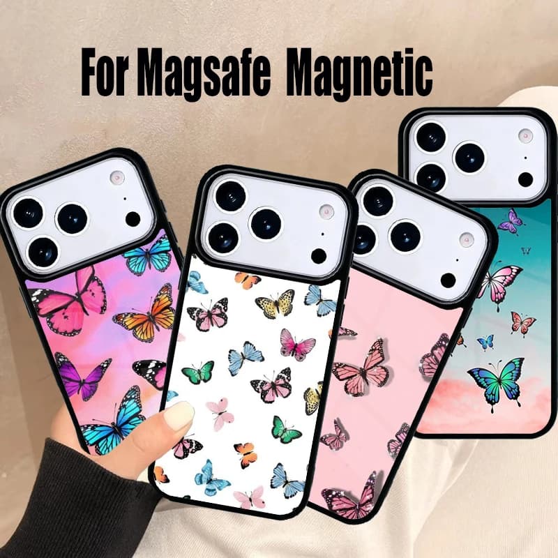 Custodia Morbida Estetica a Farfalla per iPhone 17 Air 16e 15 14 13 12 11 Pro Max Plus, Cover Magnetica Wireless Magsafe