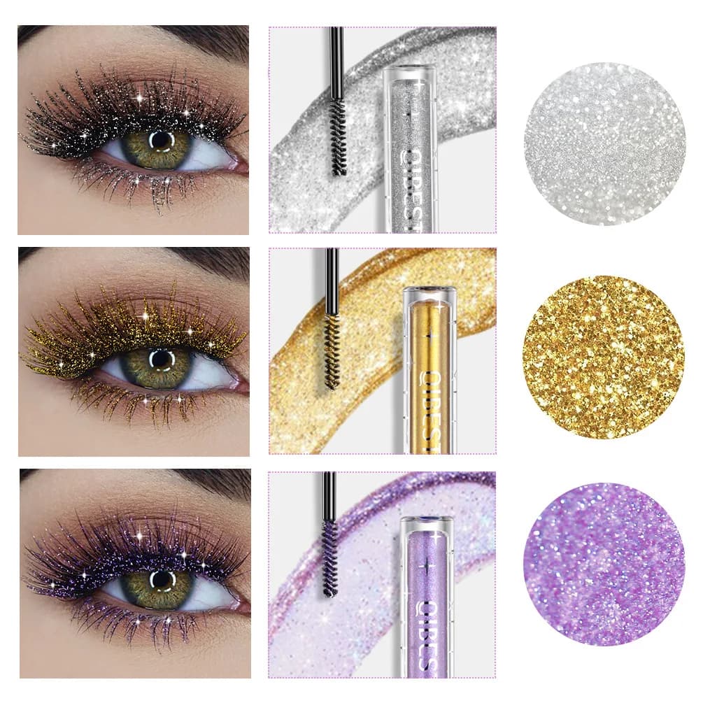 QIBEST Mascara colorato Asciugatura rapida Lunga durata Impermeabile Resistente al sudore Curling Paillettes lucide Ciglia Mascara sexy Trucco luccicante