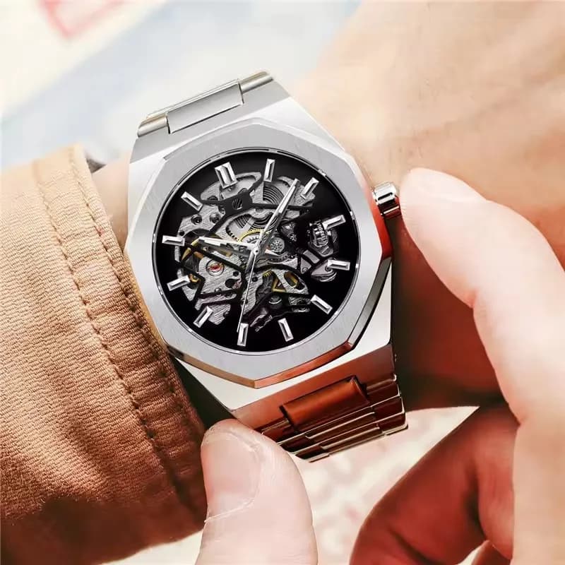 FORSINING 344D Orologio meccanico automatico da uomo con scheletro di moda Puntatore di luce notturna Orologio in acciaio Orologio da uomo di lusso premium regalo