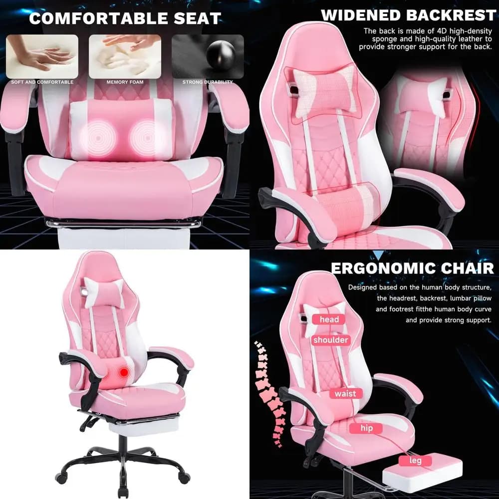 Sedia da Gaming Ergonomica Girevole con Poggiapiedi, Altezza Regolabile, Supporto per Testa e Lombare, Traspirante Rosa e Bianca per Adulti