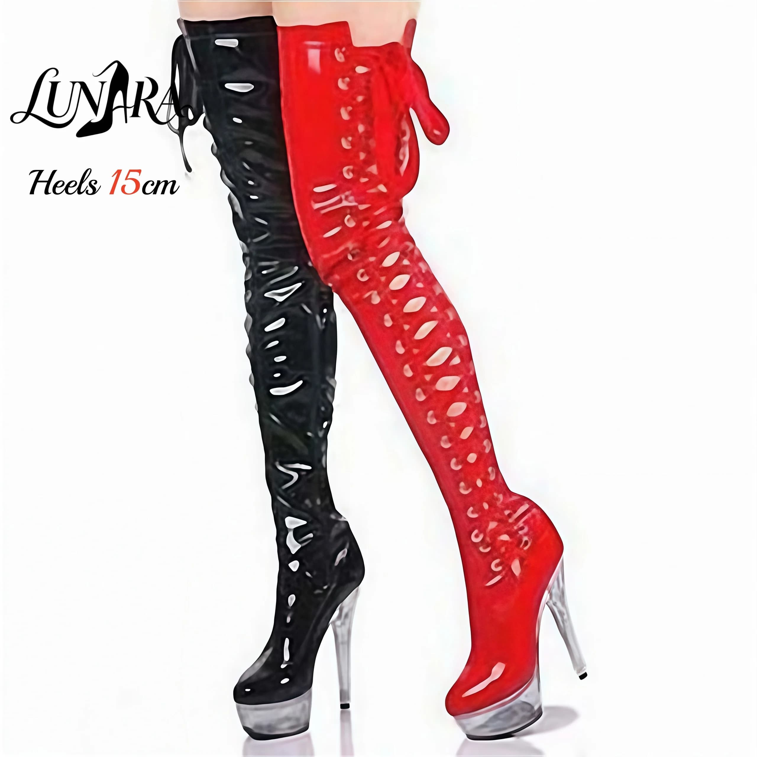 15cm/6Inch Red/Black Patent Leather Lace-up Side Zipper Clear Platform Over-the-knee boot Stripper Shoes Pole Dance Nightclub