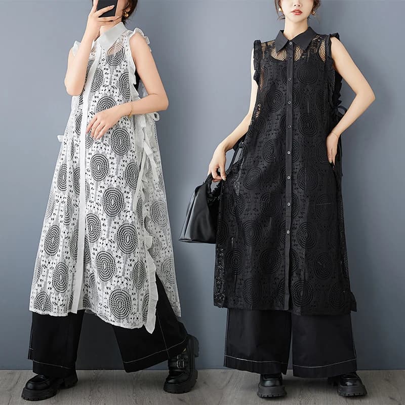 Gilet in pizzo traforato primaverile/estivo con cintura, taglie forti da donna, con colletto risvoltato e gonna lunga a spacco, modello vestito.