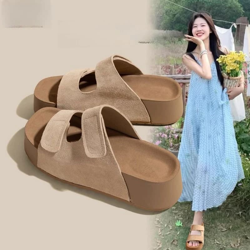 Ciabatte in pelle scamosciata da donna: doppie cinturini in velcro regolabili e suola spessa 2,5 cm, sandali casual estivi traspiranti per spiaggia/palle