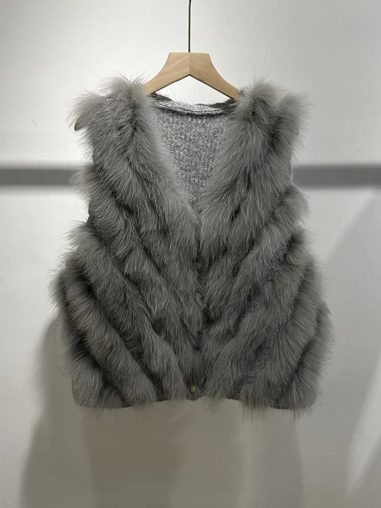 2026 New Spring Autumn Warm Fox Fur Sweater Lady Knitted Cardigan Vest Women Solid Color Waistcoat Femeale Luxury Coat