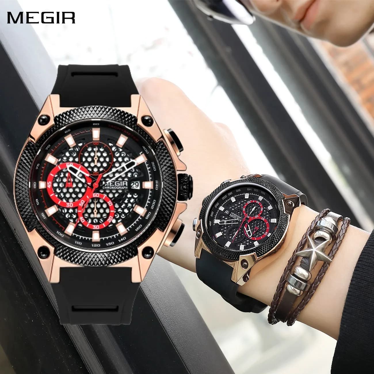 Orologi al quarzo con cronografo Megir per uomo, orologio da polso sportivo alla moda con data automatica, indicatore 24 ore, cinturino in silicone nero