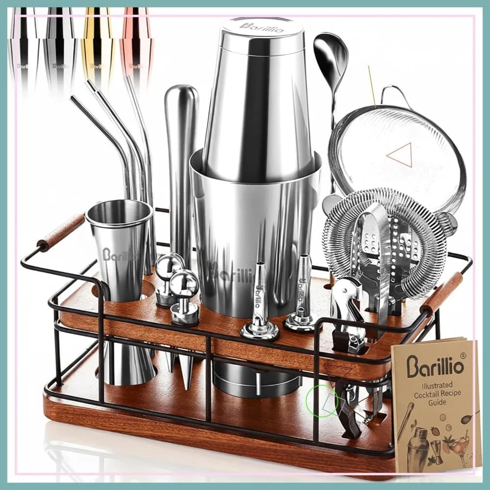 Set da Cocktail in Acciaio Inox 23 Pezzi con Supporto in Mogano | Strumenti per Barman Domestico | Regalo per Mixologi