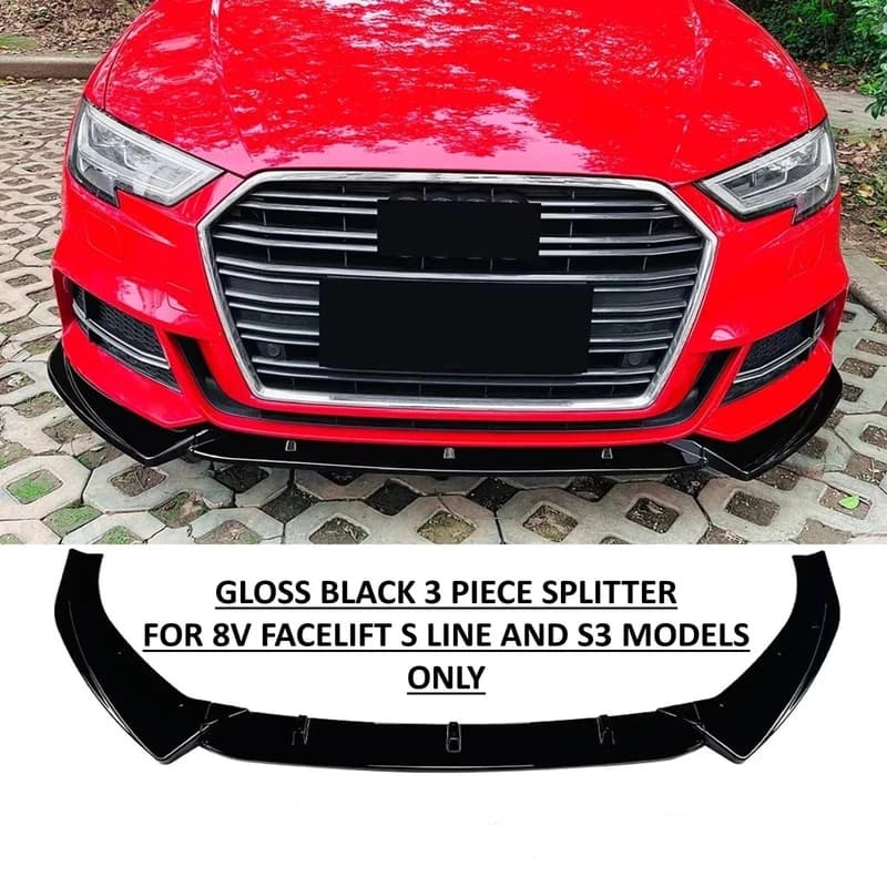 Spoiler Diffusore Nero Lucido per A3 S3 8V S-line 2017-2020, Kit Carrozzeria, Spoiler Anteriore per Paraurti