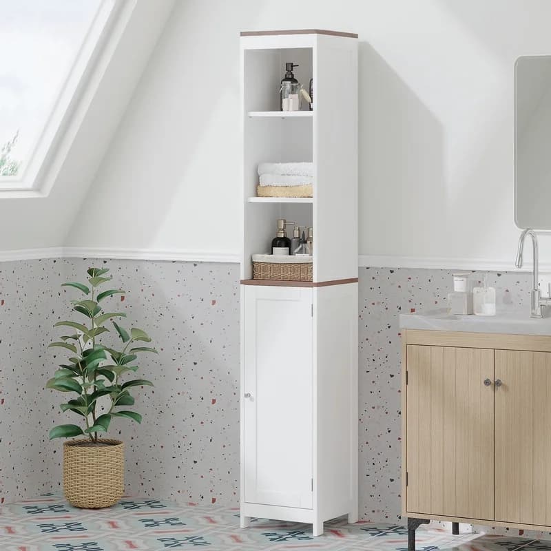 White Freestanding Bathroom Cabinet with Reversible Door, Open Shelves and Enclosed Storage, Narrow Floor Organizer for Small Spaces