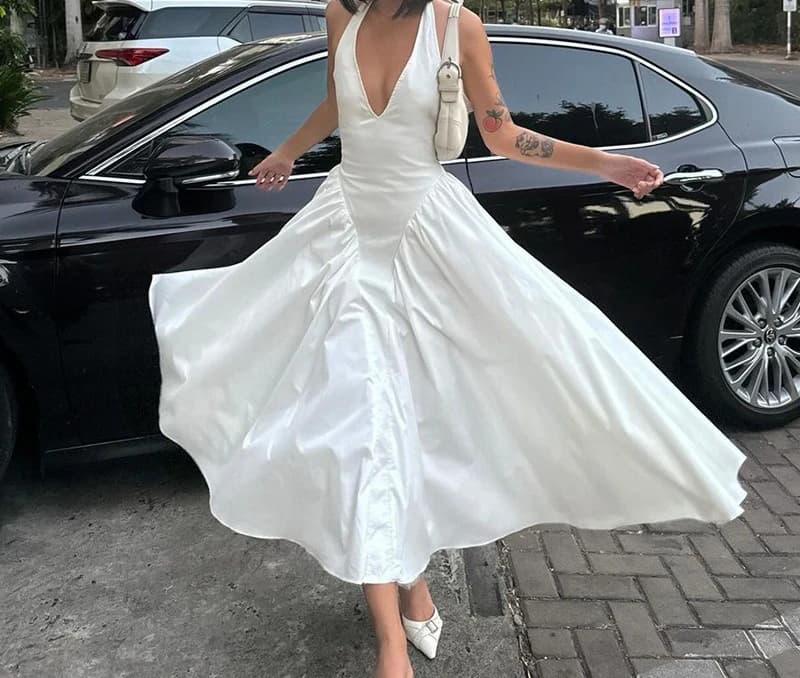 Nuovo abito da donna a tinta unita, sexy, con scollo a V profondo, orlo a pendolo, elegante.