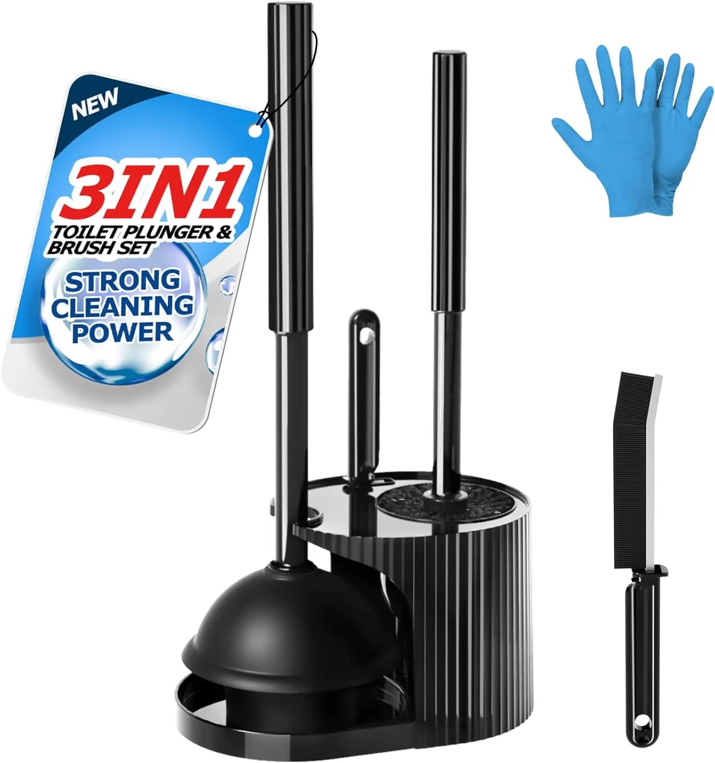 Set 3-in-1 Spazzola per WC e Sturalavandini con Manico Allungato, Strumenti per Pulizia Profonda del Bagno