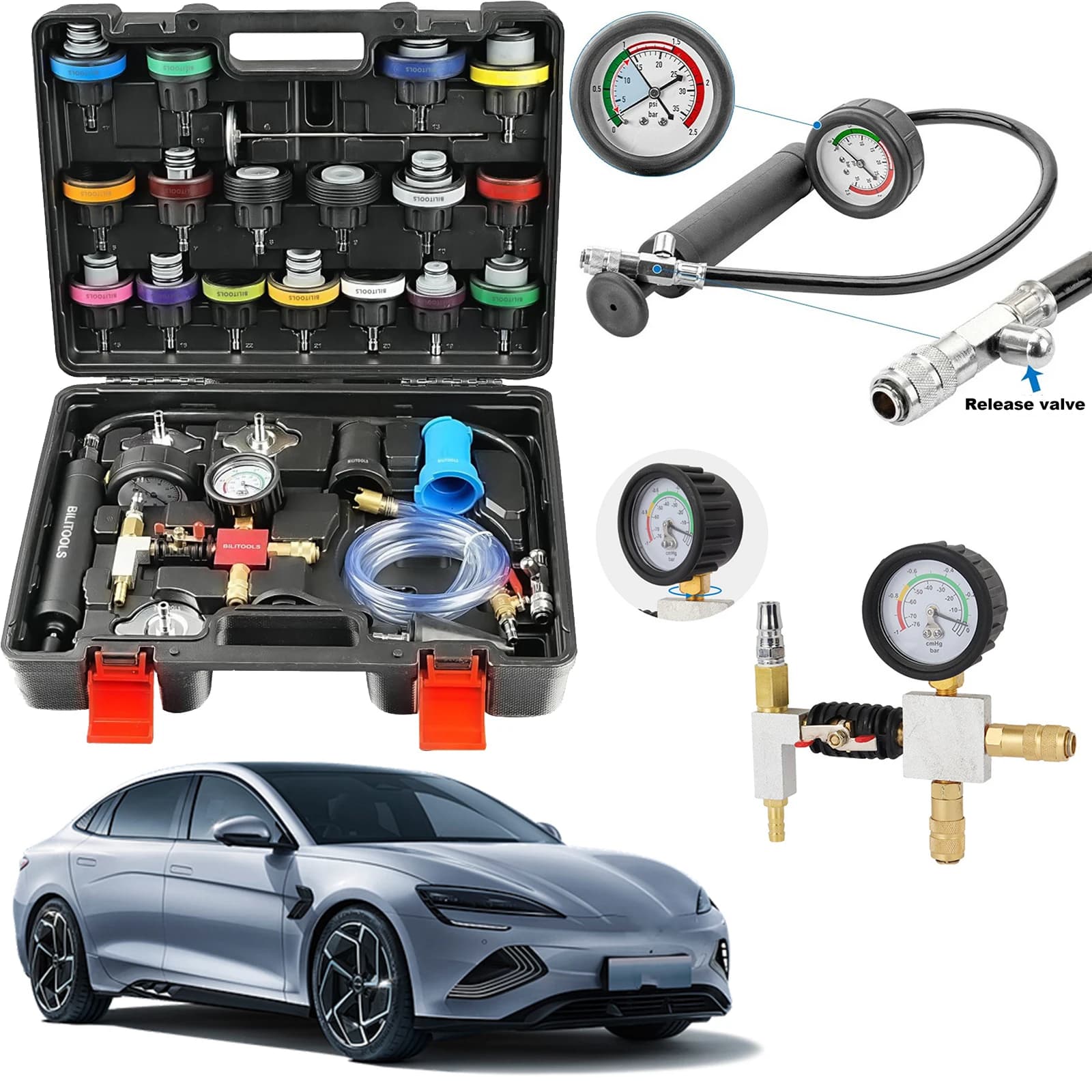 Tester di Pressione per Radiatori, Kit Universale da 28 Pezzi per Riempimento e Vuotatura del Liquido Refrigerante, per Auto, Moto e Camion