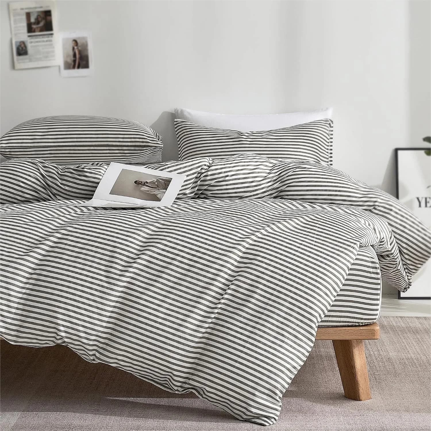 Queen Striped Duvet Cover Set 3 Pieces 100% Natural Cotton with Zipper and Corner Ties