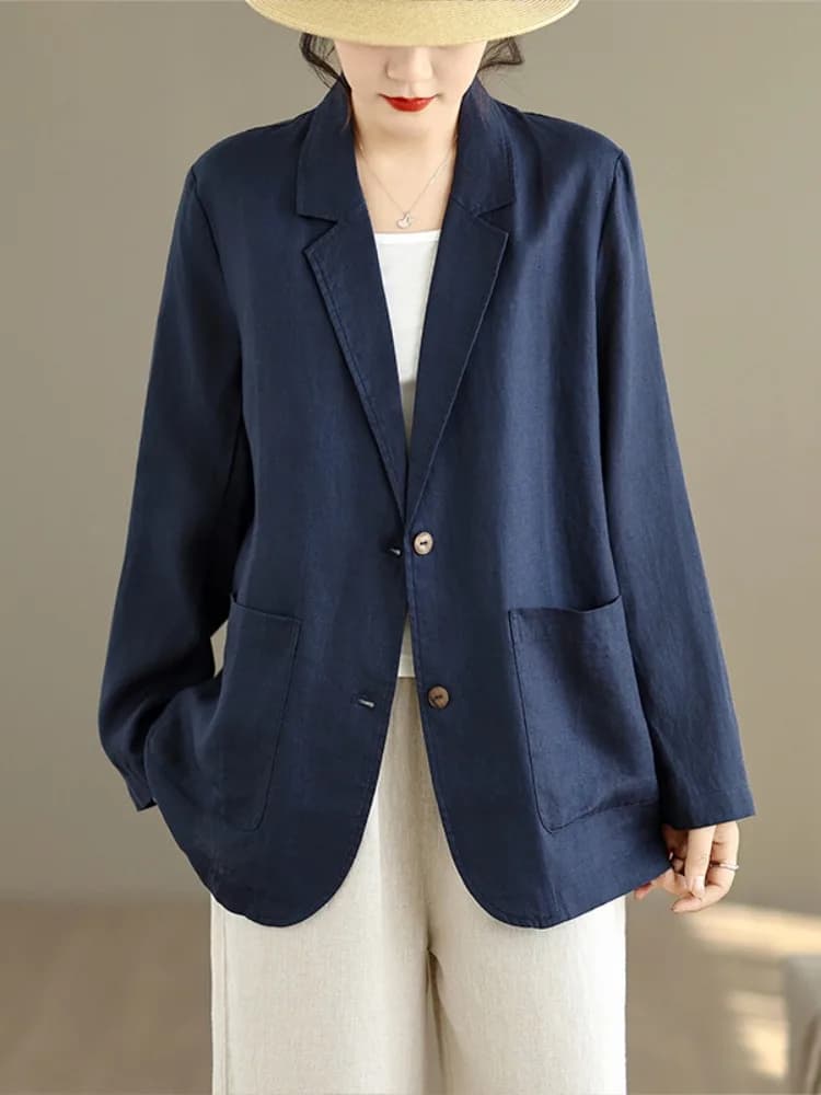Casual Style Cotton Linen Long Sleeve Suit Jacket Women's High End Loose Fit Cardigan Top Breathable Straight Hemline Pure Color